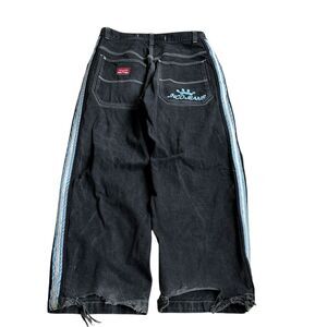 VTG JNCO Black Tribal Crown Reflective Stripes Baggy Jeans 36x32 Y2K Skater Rave